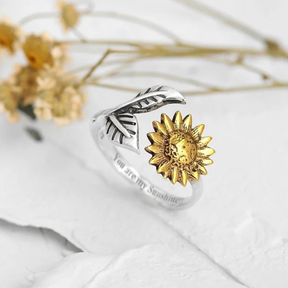3/$35 You Are My Sunshine Sunflower Ring Adjustable Gold & Silver Leaf Design
